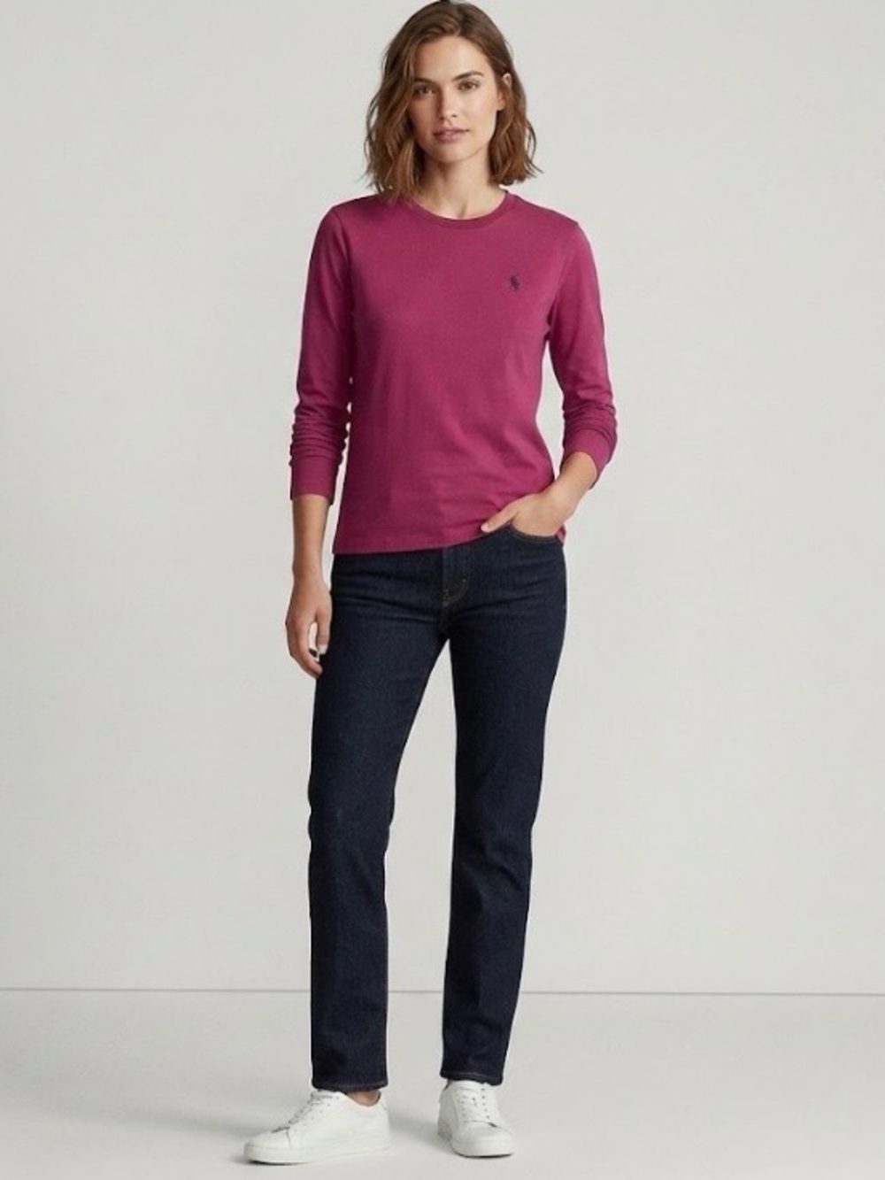 Ralph Lauren Sport Magenta/Fuchsia Long Sleeve Cotton Logo Top Large